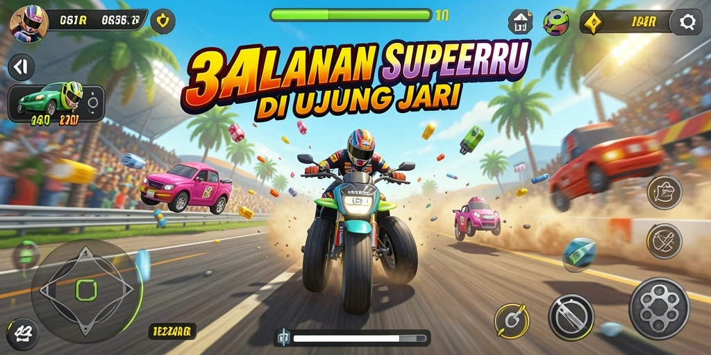 Screenshot gameplay Racing yang menunjukkan aksi balapan yang mendebarkan.