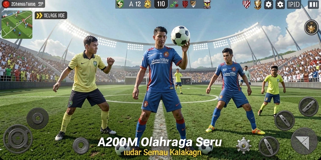 Screenshot utama A200M menampilkan gameplay seru dengan aksi olahraga yang mendebarkan.