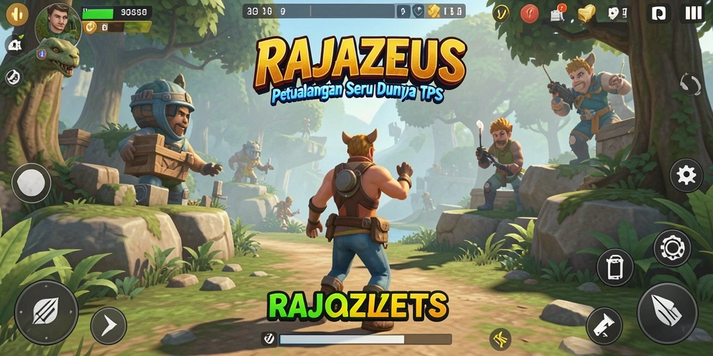 Screenshot utama RAJAZEUS menampilkan aksi seru dalam pertempuran TPS.