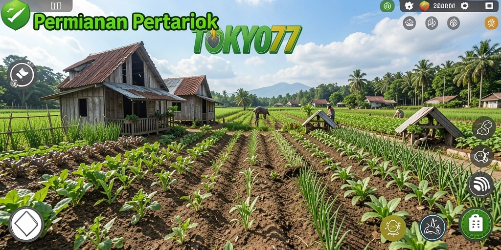 Screenshot gameplay TOKYO77 menampilkan lahan pertanian yang rimbun dan aktivitas panen.
